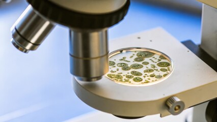 A closeup of a microscope eyepiece focused on a prepared slide revealing an intricate colony of microbes with soft lab lighting enhancing the details of the slide.