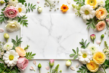 Spring flowers frame a marble surface