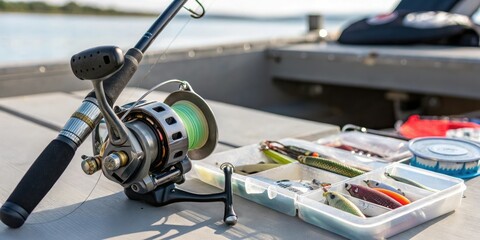 Fototapeta premium Fishing reel with various lures and hooks, lure selection, fishing kit, tackle box