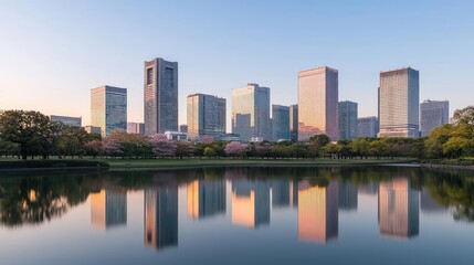 Fototapeta premium Modern City Skyline Reflected in a Calm Lake at Sunrise