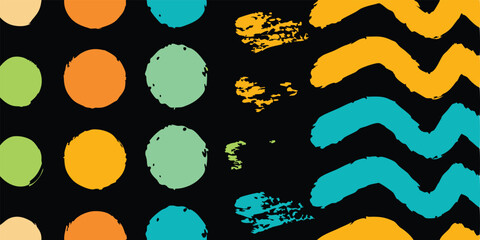 vintage color brush paint stroke set features hand-drawn lines, squiggles, scratches, and color swatches, with a retro, fun, and quirky childish feel, perfect for kindergarten art.