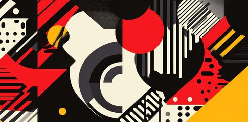 Abstract geometric composition featuring circles lines and triangular shapes