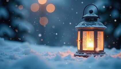 Frosted glass lantern with soft glow amidst snowflakes, Snowy Serenity, Serene
