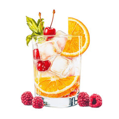 A glass of refreshing fruit-infused water with ice cubes, garnished with orange slices, cherry, transparent background, PNG