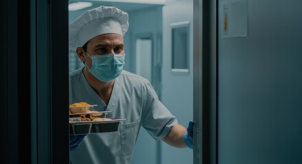 Chef delivering meals in a hospital setting while wearing a mask and gloves