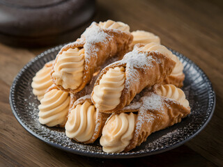 Delicious golden cannoli filled with creamy filling, dusted with powdered sugar on a dark plate.