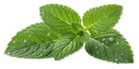 Fresh Mint Sprig with Dew Drops, Isolated on Transparent Background, High-Resolution Image, Botanical Illustration, Mint, Herbal, Leaf