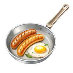 Frying Pan with Sausages and Egg Digital Painting, Isolated on Transparent Background, Breakfast Food Illustration, Breakfast, Food, Illustration