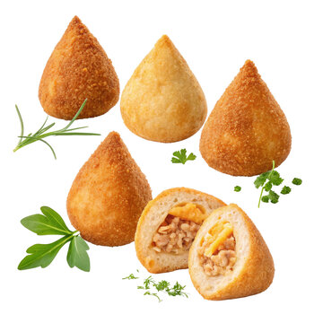 Four Salgados and One Cut-Open Showing Filling, Isolated on Transparent Background, Brazilian Food, Pastry, Snacks, Brazilian Food, Salgados, Snack