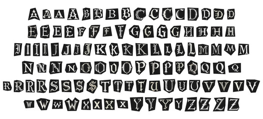 big set of cut-out english png alphabet from magazines on a transparent background, black and white gothic ransom style