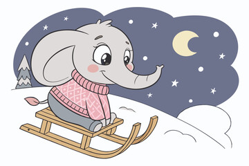  Cute cartoon baby elephant, big expressive eyes, pink knit sweater, sitting on wooden sled, snowy night scene, starry sky, moonlight, whimsical, adorable, 3D render, detailed textures, soft lightin