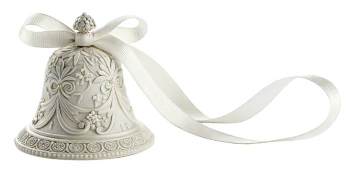 Ornate White Bell with Ribbon, Isolated on Transparent Background, Wedding Decor, Festive Ornament, 3D Render, Wedding, Ornament, Bell