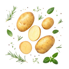 Potatoes with Herbs and Spices, Top View Composition, Isolated on Transparent Background, Food Photography, Potato, Herb, Spice