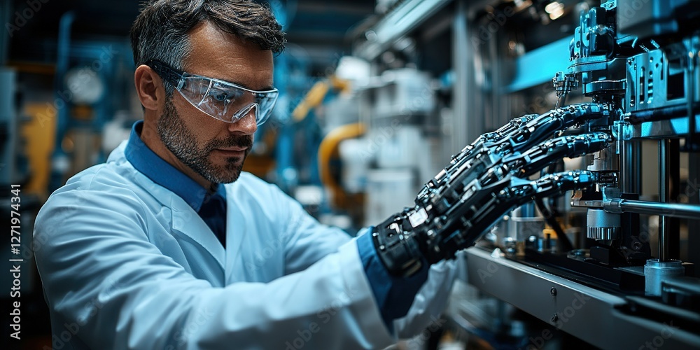 Poster scientist in laboratory using advanced robotic hand to operate machinery for innovative research and