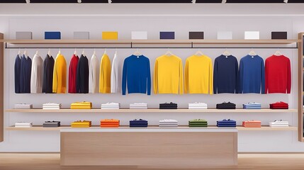 Fototapeta premium Brightly Colored Long Sleeve Shirts and Sweaters Displayed on Wooden Shelves in a Modern Clothing Store