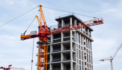 Construction crane at building area. Construction site with building crane. Industrial area. Building and construction. Hoisting crane. Construction at building site with crane, professional photogr