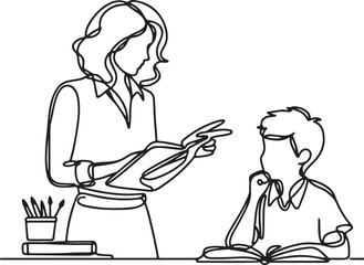 Female Teacher Explaining Task to Student. Line Art Vector Illustration