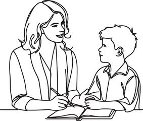 Female Teacher Explaining Task to Student. Line Art Vector Illustration