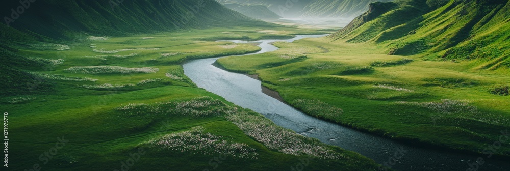 Poster aerial view capturing a pristine river winding through a vibrant green valley, surrounded by lush ve