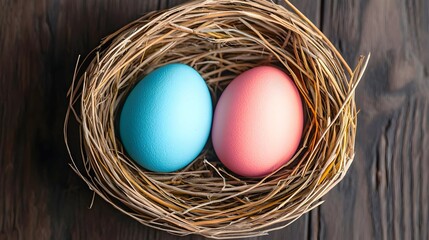 Fototapeta premium Pastel Blue And Pink Eggs In A Bird Nest On A Wooden Background
