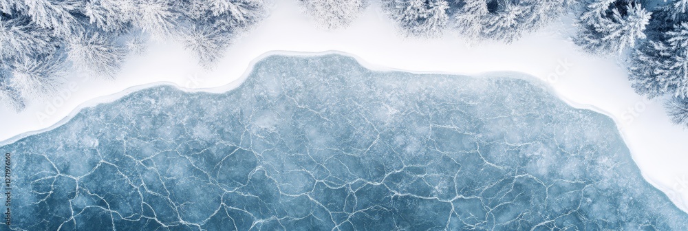 Aufkleber breathtaking aerial view of a frozen lake surface covered with snow and ice, surrounded by snowy tre