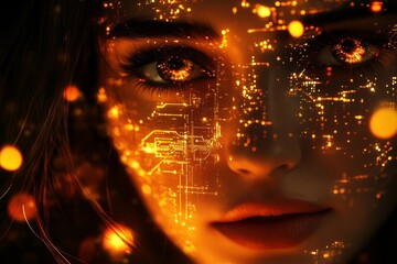 futuristic portrait of woman with glowing circuit patterns her face, evoking sense of advanced technology and digital integration. warm, luminous colors create captivating and mysterious