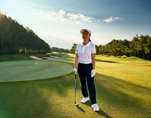 A smiling professional Asian woman golfer stands confidently on a sunny golf course.