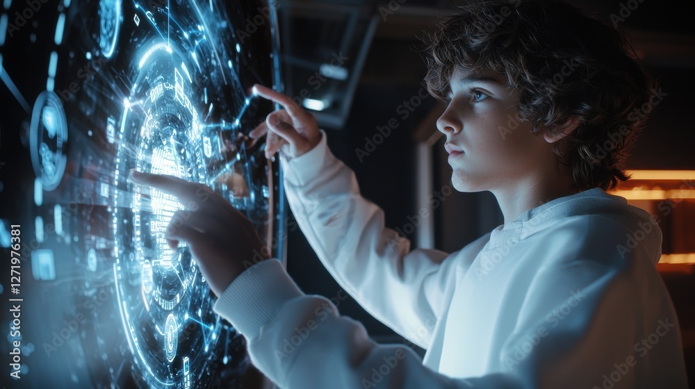 Poster a young boy is pointing at a screen with a blue circle on it