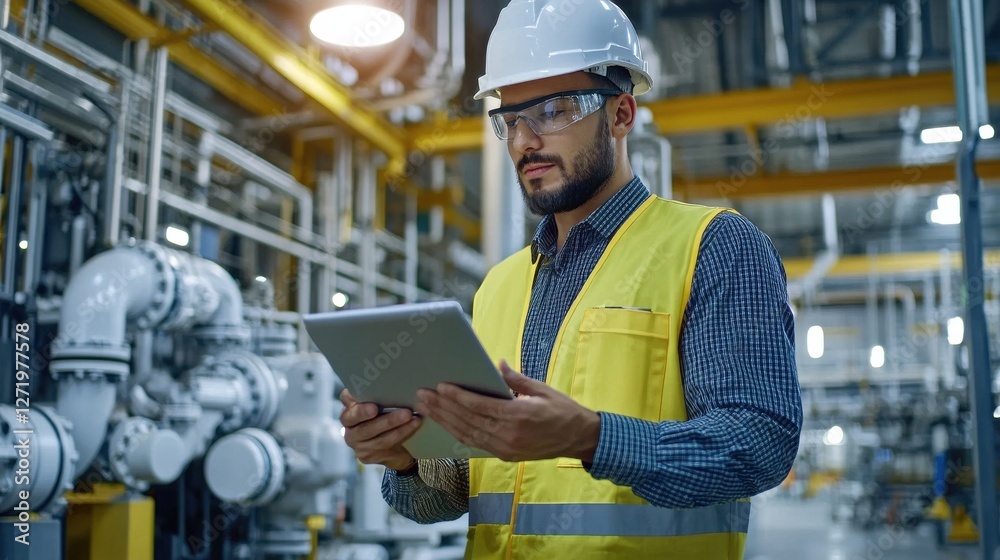 Poster a man in a yellow vest is holding a tablet while standing in a factory