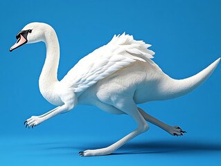 A graceful swan-kangaroo hybrid with smooth white feathers and strong legs hopping on a sapphire blue solid background,