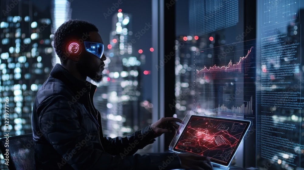 Fototapete A man wearing a pair of virtual reality goggles is working on a computer