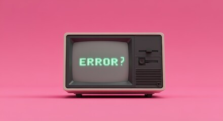 Vintage television displaying error message against a vibrant pink background in a minimalist setting