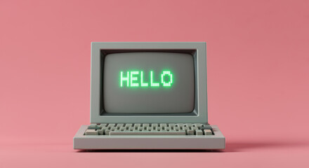 Vintage computer displays hello message against a pastel pink background