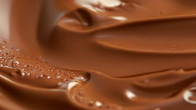 AI-generated video featuring smooth chocolate with droplets, showcasing the glossy texture and fluid motion of melted chocolate.
