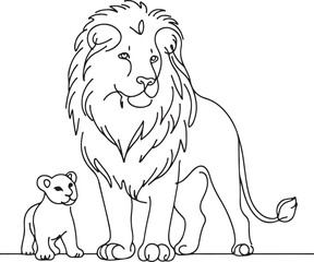 Lion Family Line Art. Vector Illustration of Standing Lion and Cub