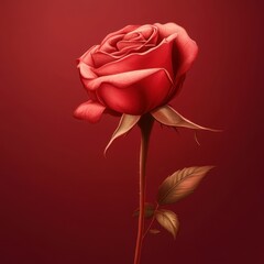 A beautiful red rose with leaves against a matching background