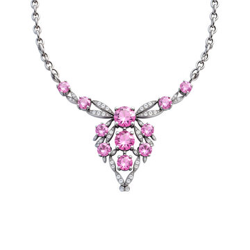 Silver necklace with pink diamonds isolated on transparent background. Silver necklace with topaz, sapphir png. Jewelry and gemstones