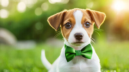 A cute puppy wearing a green bow tie poses in a sunny outdoor setting, radiating charm and playfulness, Saint Patrick's Day
