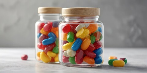Colorful gummy vitamins stacked in a glass bottle , gummy, superfoods