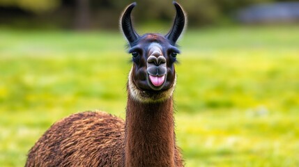 Obraz premium Llama with a playful expression in a vibrant green meadow during daytime