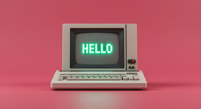 Vintage computer displays hello message against a pastel pink background