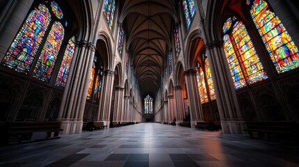 Grand Gothic Cathedral Interior with Vibrant Stained Glass Windows