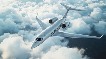 Obraz premium Luxury jet flying above fluffy clouds during daytime with a clear blue sky in the background