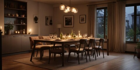 Obraz premium Cozy and intimate family dinner at home with soft lighting and comfortable seating , relaxing atmosphere, warm ambiance, quiet moment