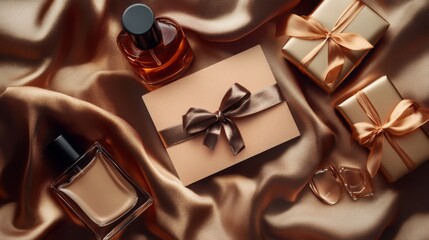 Luxurious gift setup with perfume bottles and wrapped presents on satin fabric
