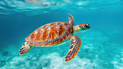 Fototapeta premium turtle swimming gracefully in clear blue sea, showcasing vibrant colors and serene movement