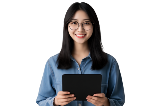 Close-up portrait of a smiling woman holding a tablet