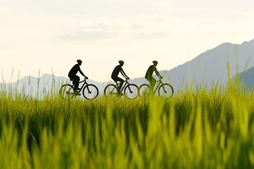 Obraz premium Cyclists riding in open field at sunrise with misty mountains in background symbolizing adventure outdoor fitness and healthy lifestyle in scenic natural landscape with golden morning light