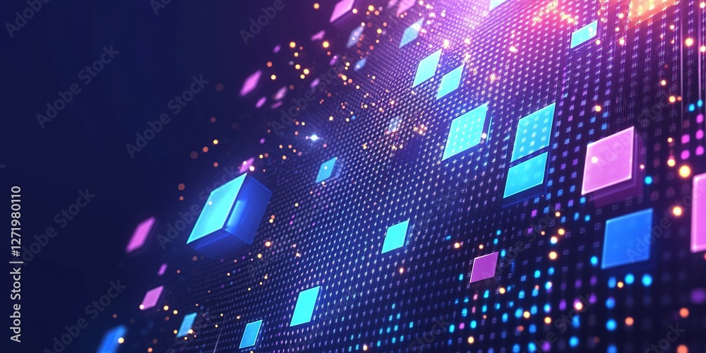 Wall mural colorful digital abstract design featuring glowing squares and patterns in a vibrant space environme