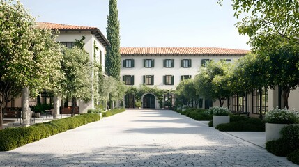 Obraz premium Mediterranean Style Villa Courtyard with Stone Path and Lush Greenery
